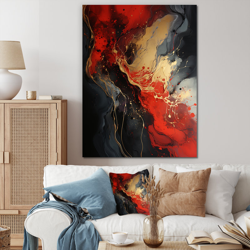 Rouge et or feu de marbre V - art mural abstrait, H 20 po x l 12 po x P 1 po, Toile tendue
