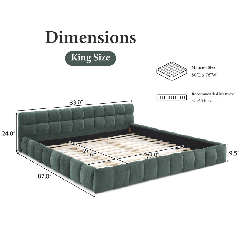 Chenille Upholstered Bed Frame With Headboard, Bluish Green, King