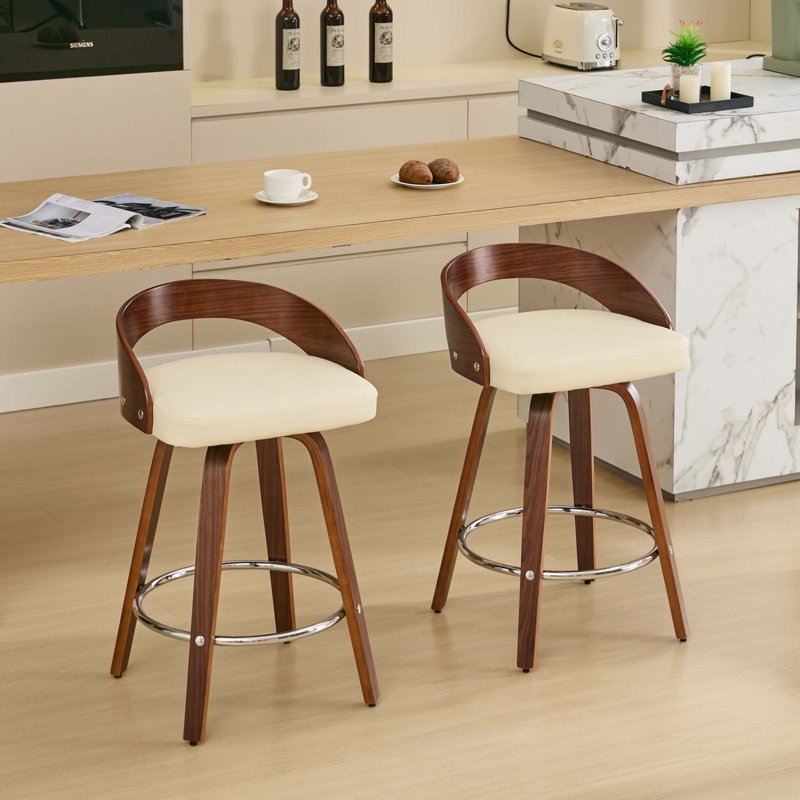 Riggan Faux Leather Upholstered Swivel Bar Stools, Beige