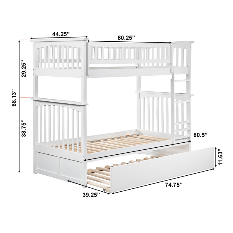 Blaisdell Solid Wood Standard Ladder Bunk Bed with Roll Out Trundle, White, Twin over Twin