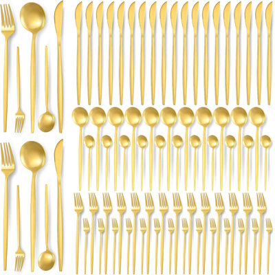 90-Piece Gold Flatware Set, 18 Stainless Steel Utensils In Gold Finish For 5, Forks, Knives, Spoons
