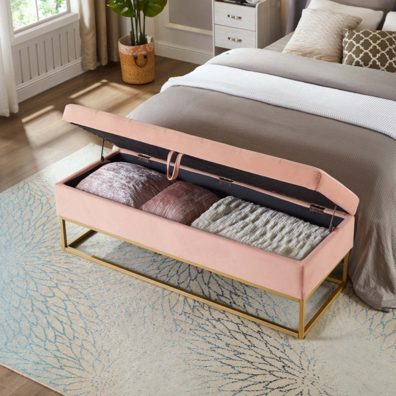 Banc de lit avec base en métal et velours de rangement, Rose