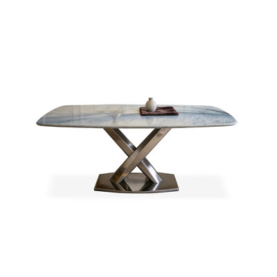 Oval Microcrystalline Stone Dining Table with Stainless Steel X-Base