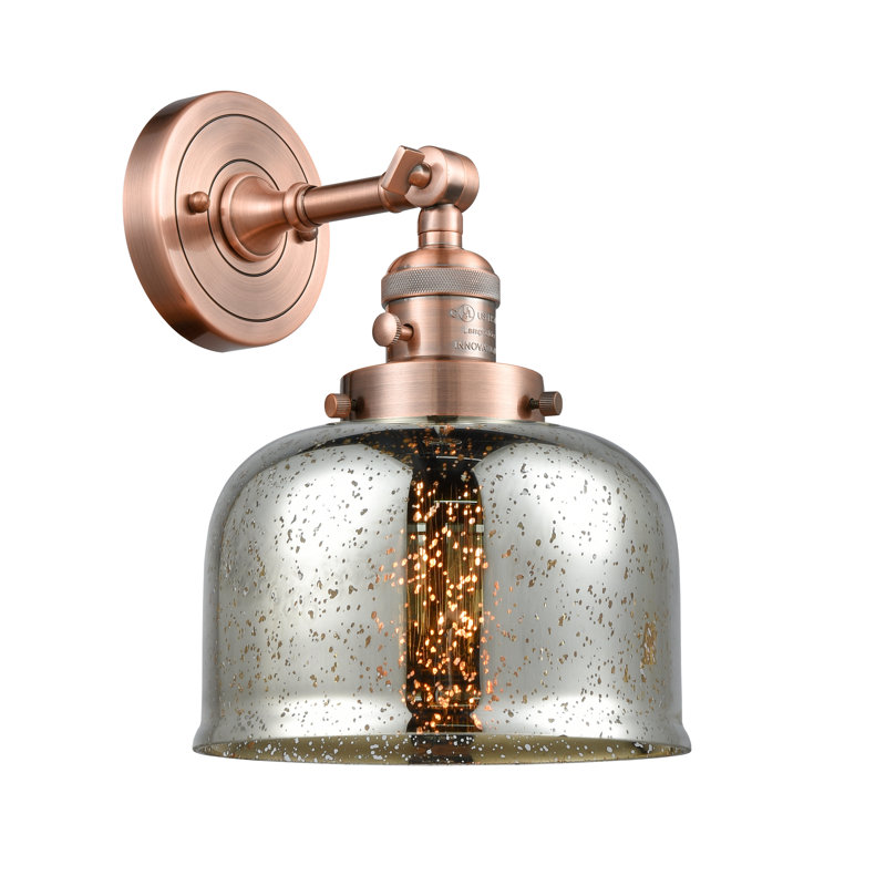 Applique murale 1 lumière 8 po Bell, Ampoule incandescente rétro 60 watts, Argent mercuré, Cuivre antique