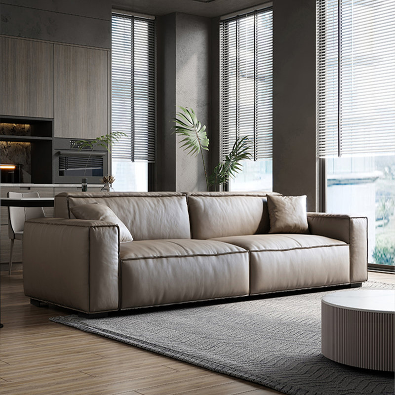 Beige grey Genuine Leather Standard Sofa, 27.56" H x 78.74" W x 37.4" D, Beige Gray