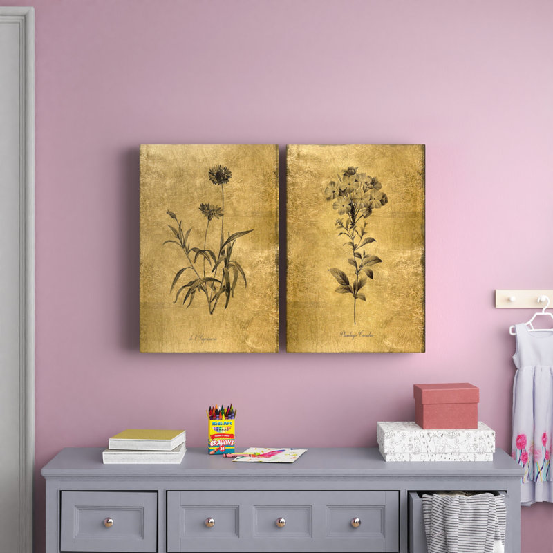 Croquis d'or Botanique I - Ensemble de 2 peintures sur toiles, H 27 po x l 36 po, Toile tendue, Sans cadre