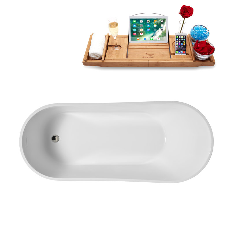 67" Streamline Soaking Glossy White Freestanding Tub and Tray With Internal Drain, Brushed Nickel
