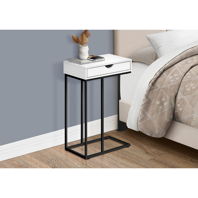 Table d'appoint Shelyn, en forme de C, bout, côté, collation, tiroir de rangement, salon, chambre à coucher, métal, Blanc