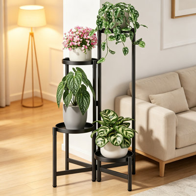 Support à plante en coin à 4 niveaux pour l'intérieur et l'extérieur, support à fleurs robuste en fer forgé avec plateaux de 7,9 pouces de large, grand support pliable pour patio, balcon, porche, noir