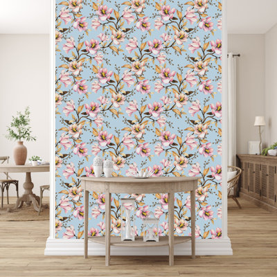 Blue Wallpaper With Pink Flowers
