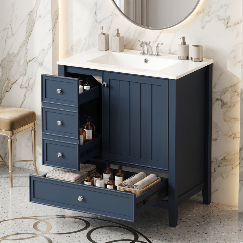 Armoire de meuble-lavabo de salle de bain 30 po, armoire en bois massif avec 3 tiroirs et armoire de rangement simple, Blue