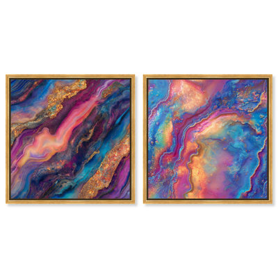 Glittering Spectrum Duo Canvas Print Modern Livingroom Art Set by Art Remedy, Gold Frame, 30 x 30