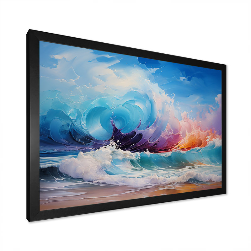 «Vibrant Beach Waves 4» - art mural vagues côtières, Cadre d'angle fermé noir, H 12 po x l 20 po x P 1 po