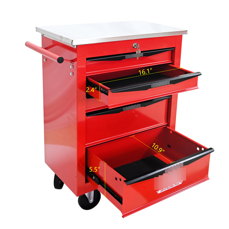 5 Drawers, Multifunctional Tool Car, Wheels, Red & Black, Lockable, Pull Handle, , Brake, - Bearing Workshop Repair Storage Stainless Steel Roof, Universal Locking, 15Kg Slide,