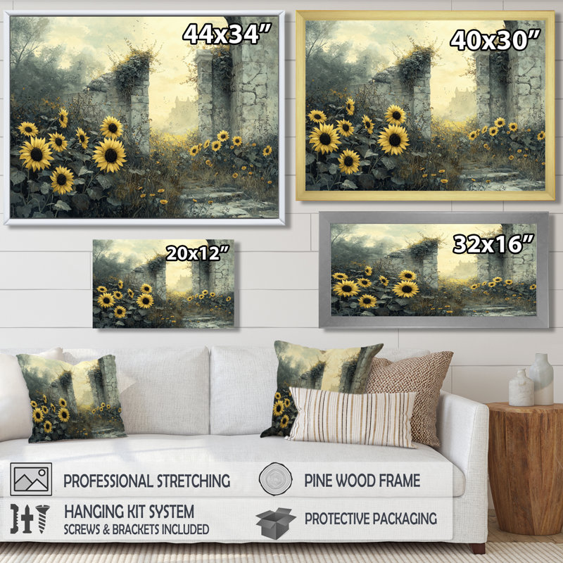 Dorrie, tournesols parmi les ruines à la campagne - Tournesols, art mural, Reproduction encadrée d'une seule photo