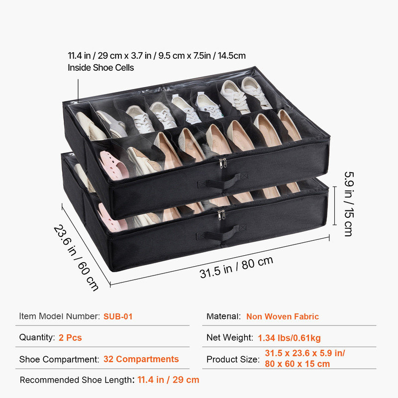 Ensemble de 2 organisateurs de rangement pour chaussures sous le lit, 32 compartiments avec fenêtre transparente, organisateur de placard à chaussures respirant, 31,5 po x 23,6 po x 5,9 po, noir