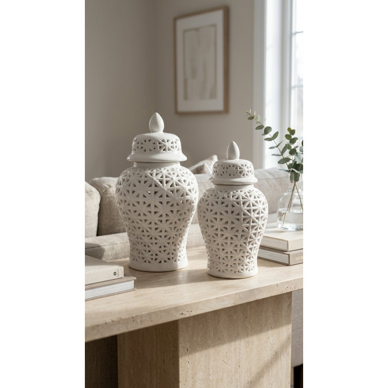 Debraa Handmade Ceramic Cutout Ginger Jar with Lid – Available in White & Gold (2 Sizes), 14.5" H x 7.5" W x 7.5" D, Gold