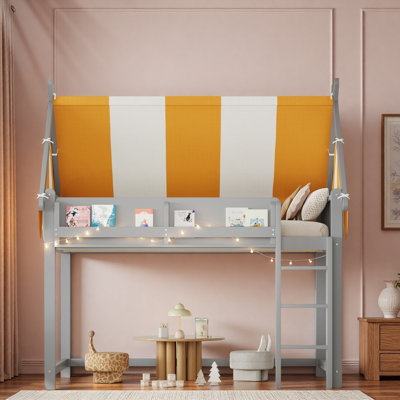 Loft Bed With Canopy, Led Lights And Book Shelf