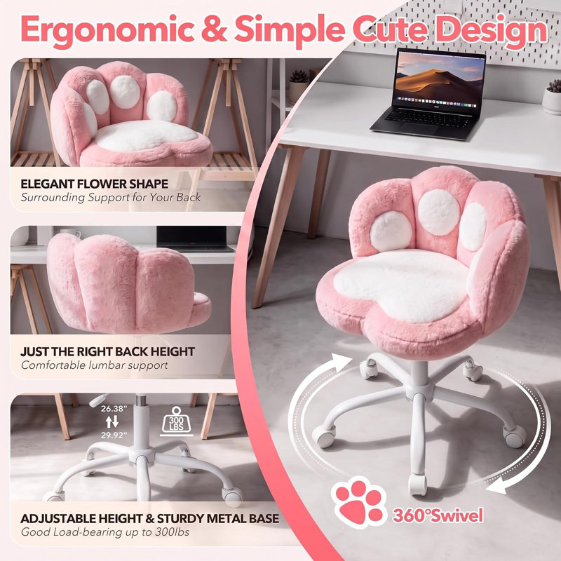 Chaise de coiffeuse pivotante à motif patte de chat, rotation à 360° - Rose et blanc, Pink