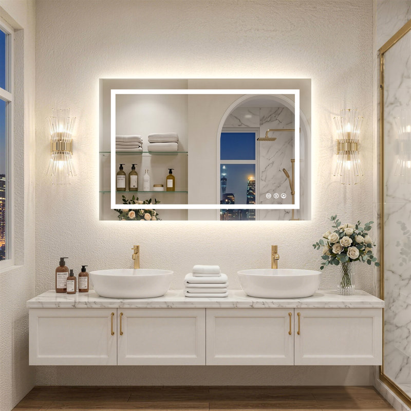 Modern LED Lighted Bathroom Vanity Mirror — Front & Backlit, Dimmable 3-Color Temperature, Anti-Fog Frameless Tempered Glass, Wall-Mounted Vertical/Horizontal, Plug-In Or Hardwired