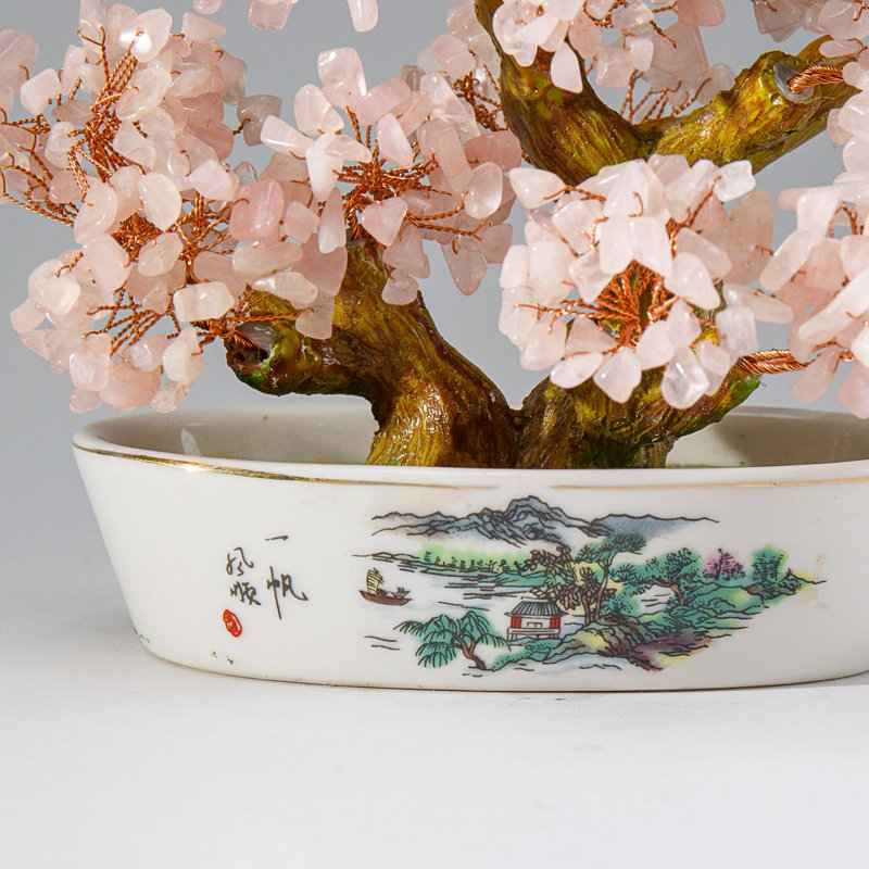 Véritable bonsaï quartz rose en pot ovale en céramique (7 po)