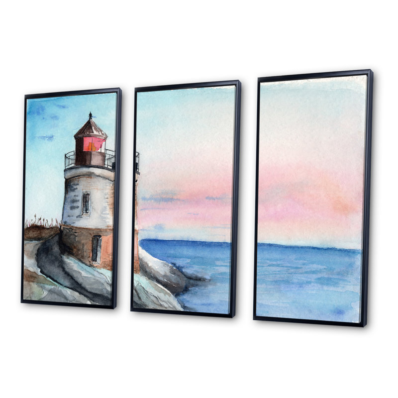 Peinture sur toile à cadre flottant, "A Lighthouse On A Rock Shore In Early Morning", H 28 po x l 36 po x P 1 po, Cadre noir