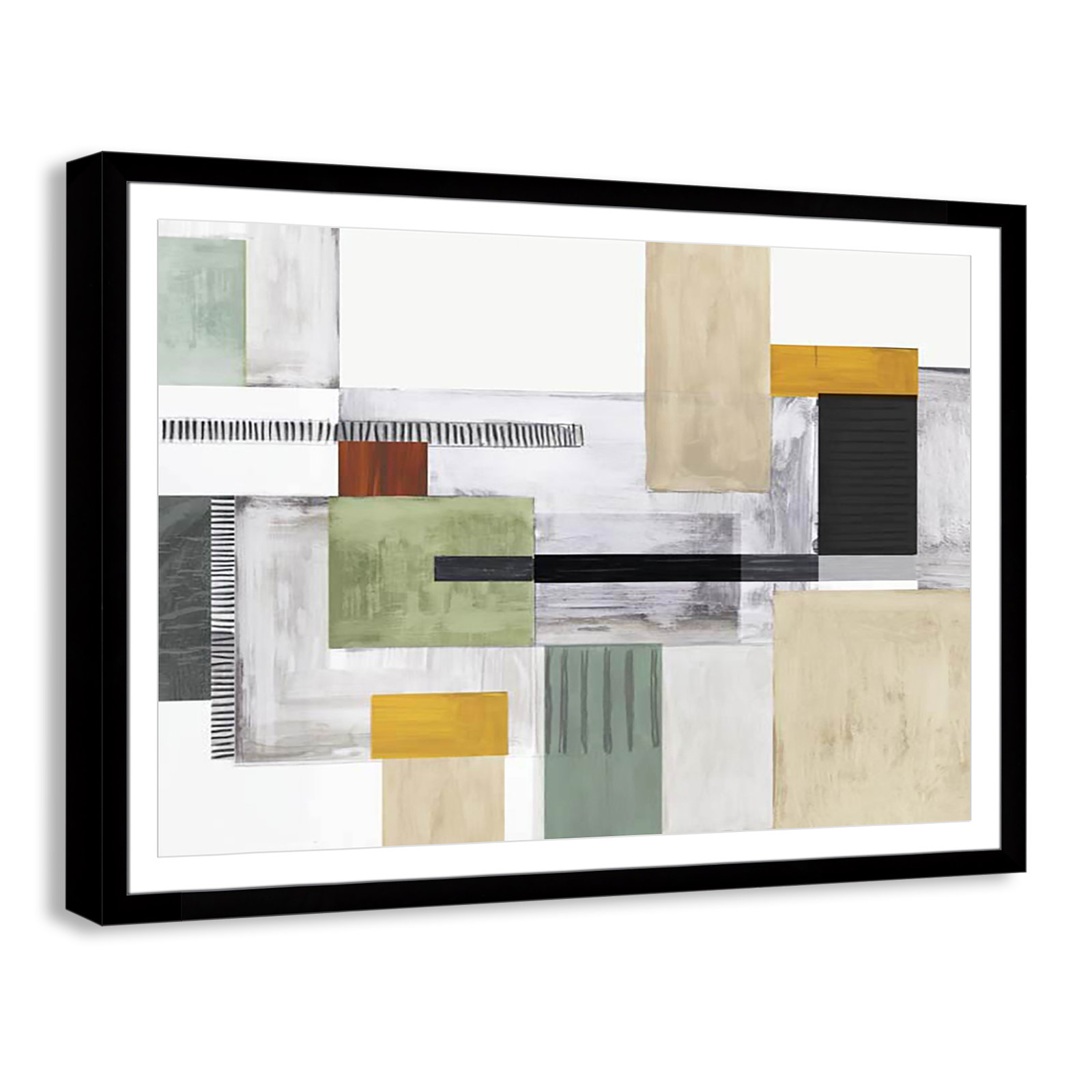 Playful Blocks by Tom Reeves, White, Black Cube Picture Framed, 39" H x 55" W x 1.25" D
