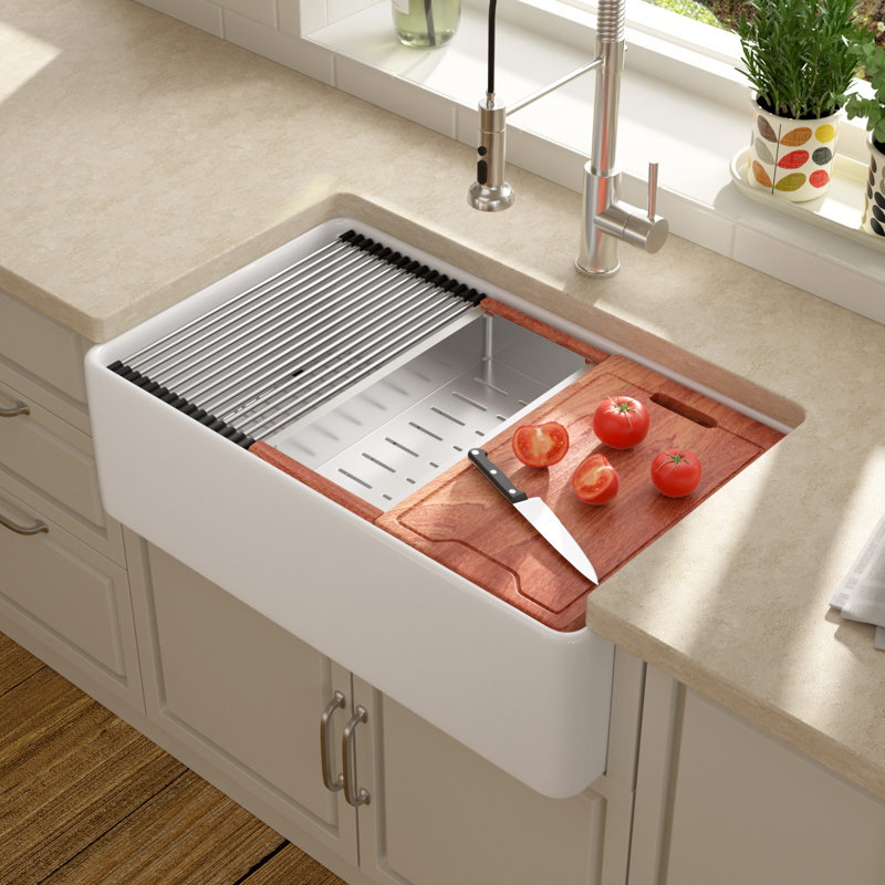 Évier de cuisine à simple cuve en céramique blanche 33 po L x 20 po 33 po, Nickel brossé