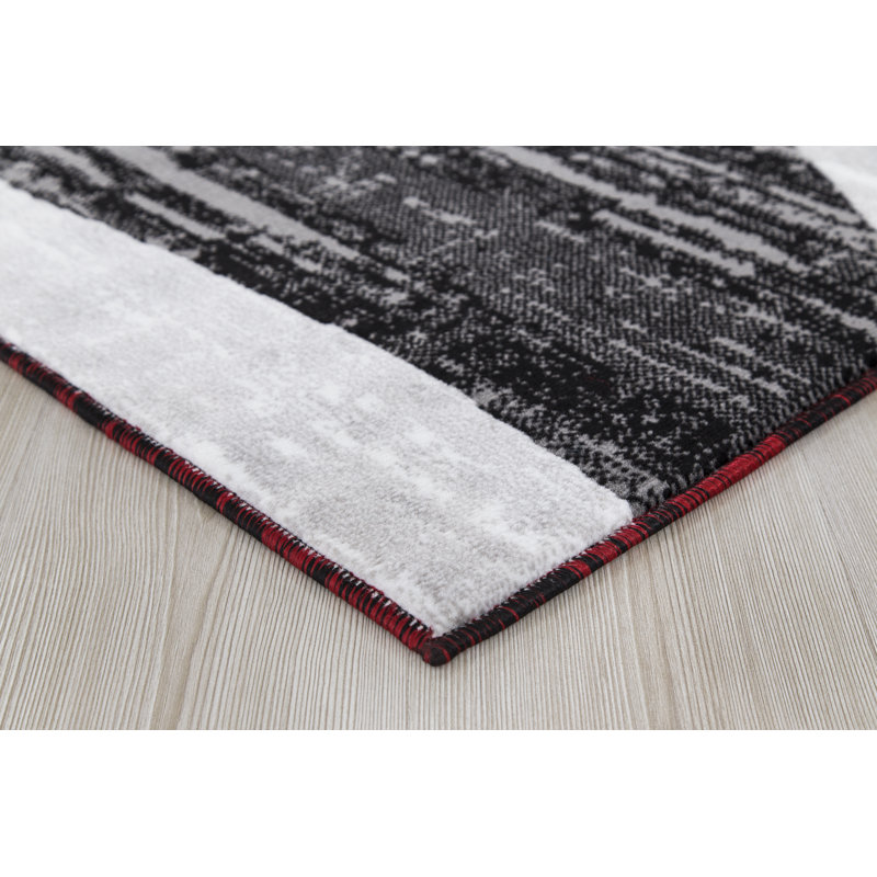 Tapis gris / rouge à motif abstrait, Rectangle 1 pi 10 po x 3 pi
