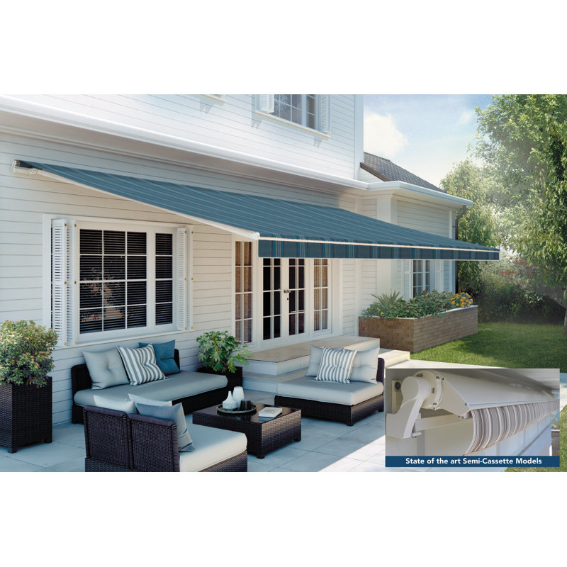 SunSetter Motorsc Sunbrella Retractable Soffit Patio Awning, Left, 8" H x 192" W x 122" D, Motive Denim