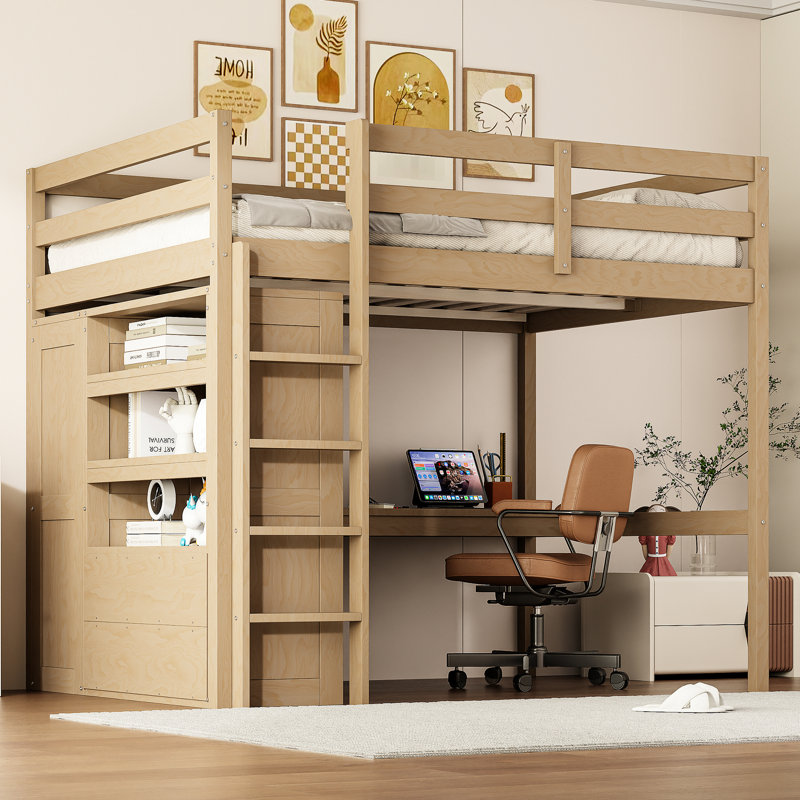Walnut Wood Full Size Loft Bed With Built - In Desk, Wardrobe, Storage And 2 Drawers, No Box Spring, Length Guardrails For Made Of Wood, Shelves