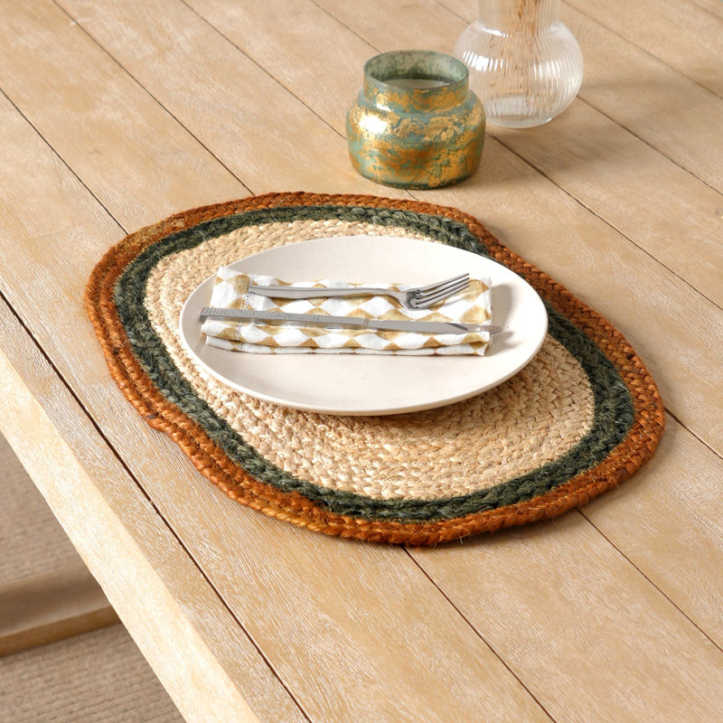 Jute Braided Placemat - Natural Finish, 51 × 36 cm, Rust/Green