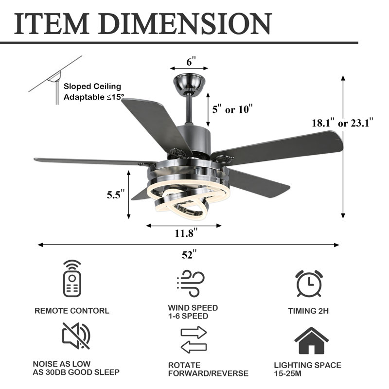 Ventilateur de plafond 52 pales 52 po avec lumières et télécommande, moteur à 6 vitesses, minuterie et fonction réversible