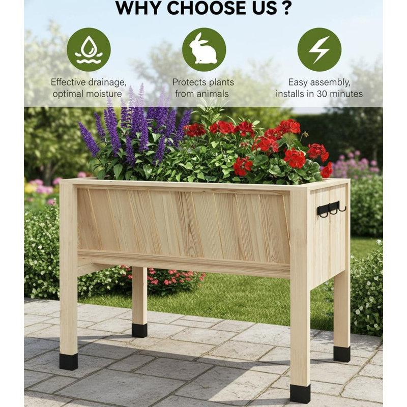 Lit de jardin surélevé en bois 13,7 pouces de profondeur, H 30,31 po x l 45,87 po x P 23,62 po, Bois naturel