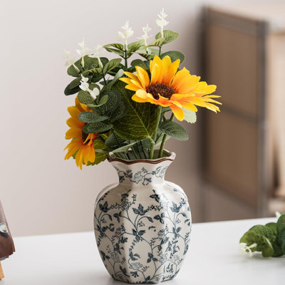 Vintage Blue And White Ceramic Vase, Handcrafted Chinese-Style Floral Vessel For Home Decor, Hexagonal Outline, Perfect For Console Table, Mantel, And Chinoiserie Decor