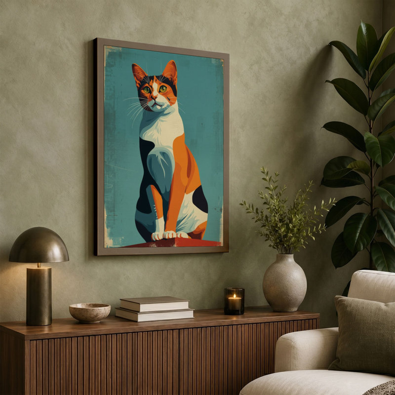 Calico Cat Geometric - Wrapped Canvas, 24x16 - 61.0 x 40.6 cm, Terracotta Border