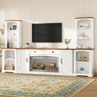 3-Piece TV Stand Set with Curved Side Cabinets for TVs Up to 70", Farmhouse Entertainment Center with Bookshelves, Stylish Walnut Sideboard with Drawer, Adjustable Shelves, for Living Room