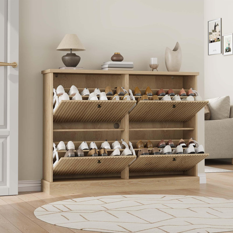 Armoire à chaussures cannelée avec 4 tiroirs rabattables, rangement pour chaussures d'entrée mince avec tablettes réglables