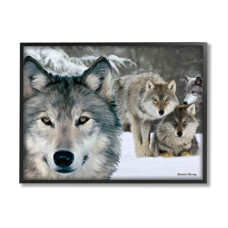 «Wild Wolves Snowy Winter Landscape» par Richard Murrey, H 24 po x l 30 po x P 1,5 po, Giclée encadrée noir minuit
