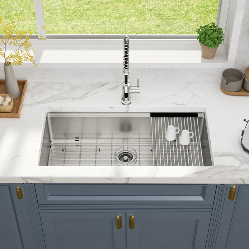 Évier de cuisine encastré en acier inoxydable de calibre 16 avec bols à mélanger 36 x 19 pouces, Silver