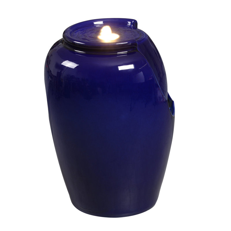 Blue Ceramic Ripple Top Fountain, Decorative Water Fountain with LED Lights and Quiet Pump, Indoor Outdoor Water Feature for Patio, Garden, Deck, Balcony, Office and Home Décor, Relaxing Cascading Water Design