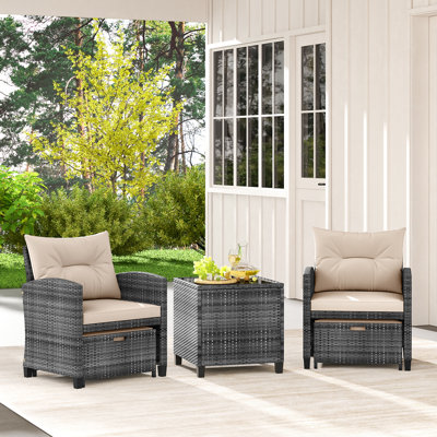 Ensemble de 5 meubles de patio en rotin avec 2 repose-pieds et table basse en verre trempé