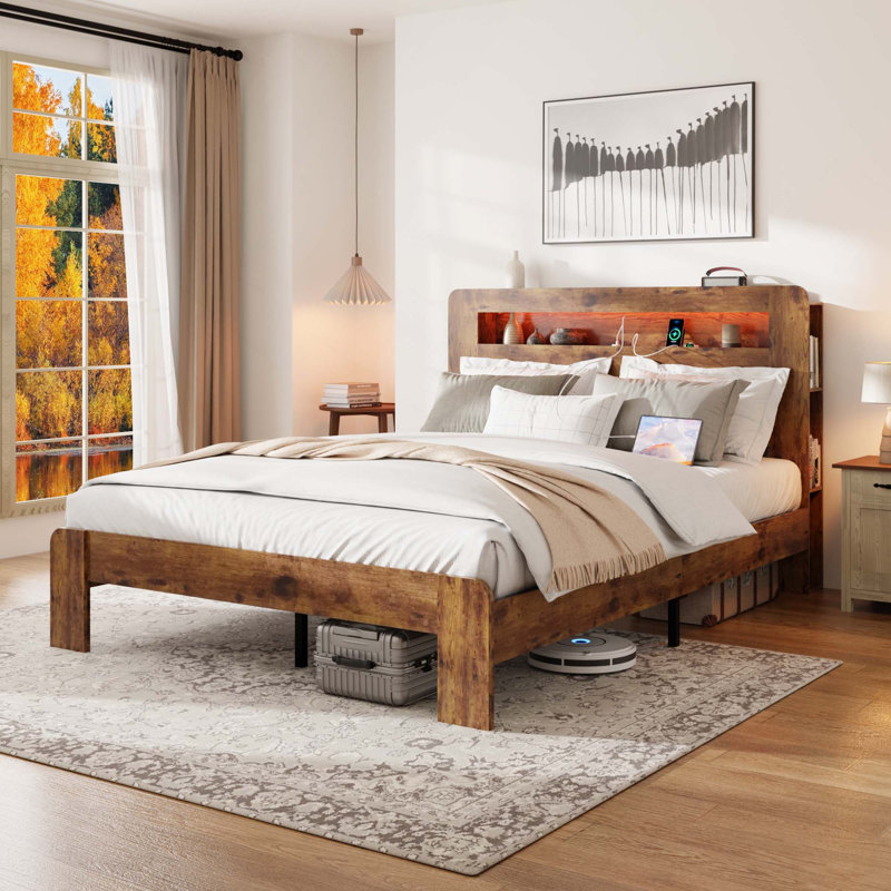 Structure de lit plateforme en bois avec tête de lit à DEL avec ports USB et aucun sommier requis, Très grand lit
