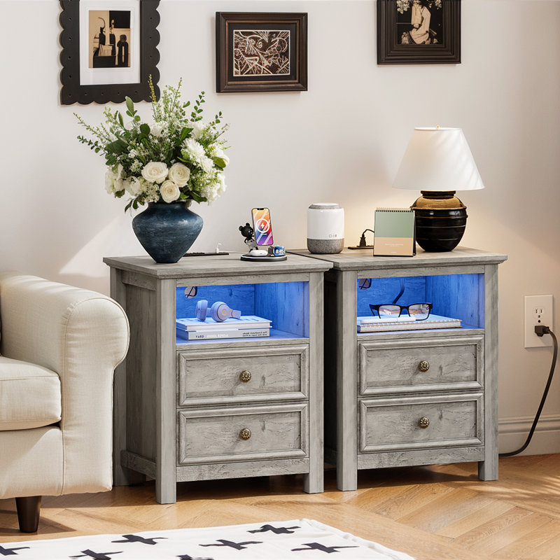  2 -Drawer Nightstand With Charging Station And Led Lights, Bed Side Table And End Table With Open Storage(Set Of 2)