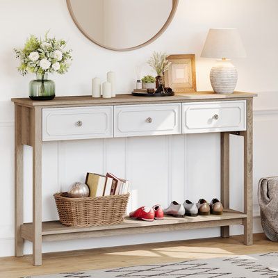 Console 51 po à 3 tiroirs avec accents en losanges, brun et blanc deux tons