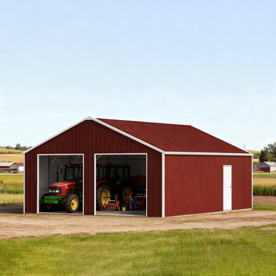 Spacieuses granges en acier, structure métallique durable, style campagnard rustique pour un rangement polyvalent