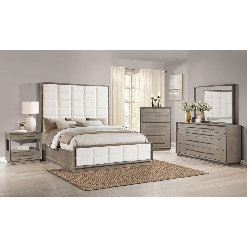  Aventino 4-piece Eastern King Bedroom Set Smoked Peppercorn, Gray/Brown, 4 Pcs: Bed, Nightstand, Dresser, Mirror, King
