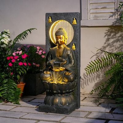 Meditating Buddha Fountain with LED and Circular Rain Curtain Durable Resin Outdoor Fountain with Bronze Finish 43.3 Inches