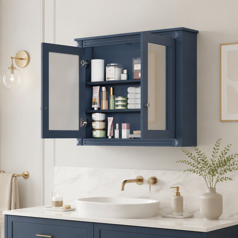Armoire à pharmacie murale moderne pour salle de bain, avec 2 miroirs et 2 tablettes ajustables, Blue