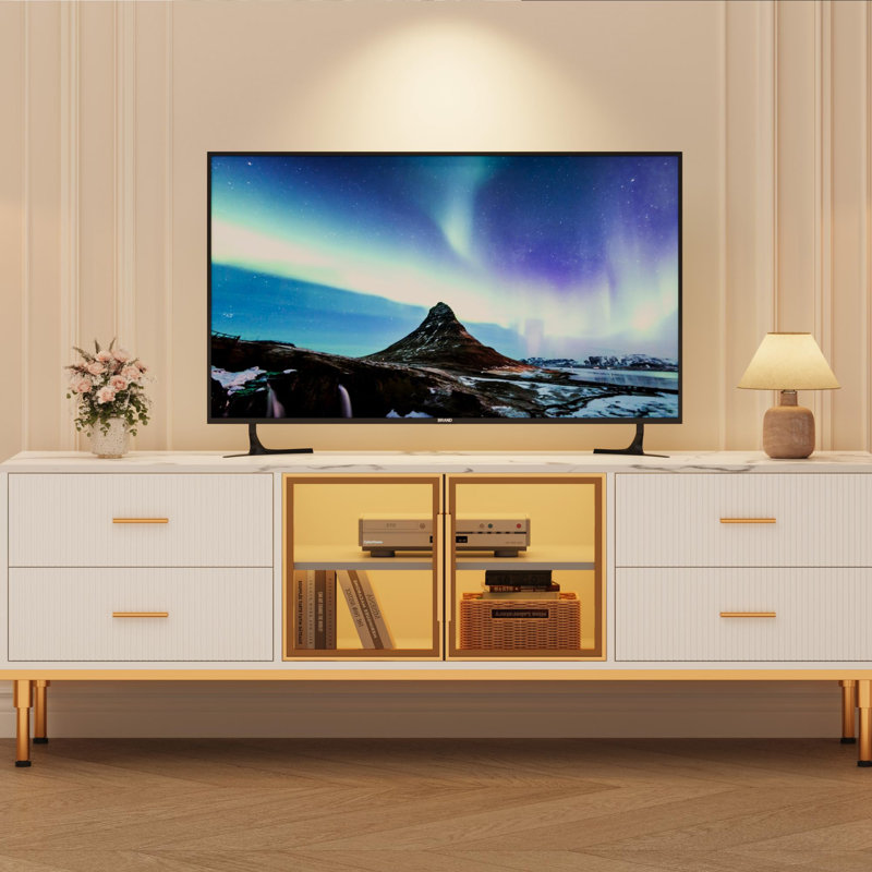 66" White Modern Fluted TV Stand with LED Lights Entertainment Center for 65/70/75 Inches TVs TV Media Console with Storage Cabinets and Drawers for Living Room Bedroom